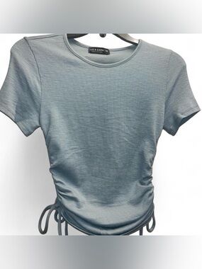 Blue Ribbed Side-Tie Short Sleeve Top